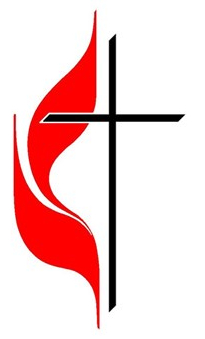 United Methodist Church logo with black cross and two red flames symbolising the Methodist Church and Evangelical United Brethren Church which united to form the UMC.